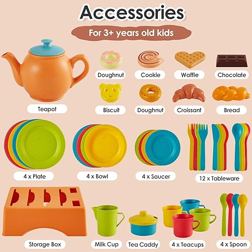 Miniatura 6 de Buyger Juego de accesorios de cocina, platos de juego, platos y utensilios, juego de fiesta de té, juguetes de postre de comida, regalos para niños