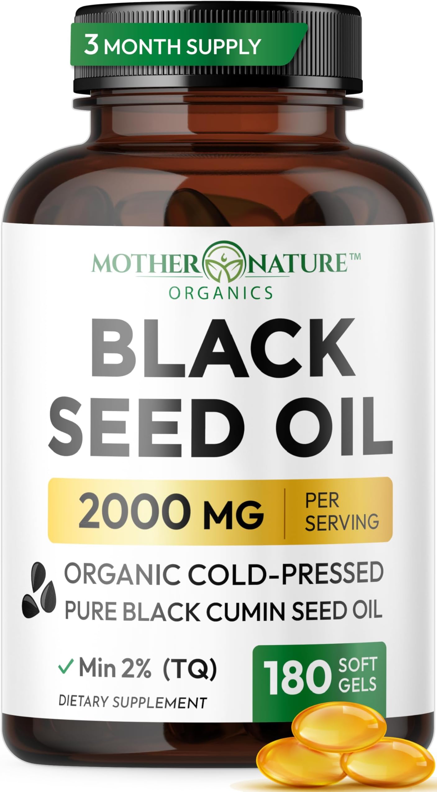 Black Seed Oil Capsules 2000mg Per Serving, Organic Cold Pressed Black Cumin, High TQ, Immune & Joint Support, 180 Count (3 Month Supply)