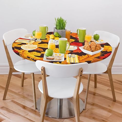 Vista 400 de Pardick Mantel redondo elástico con diseño de hojas de otoño, mantel redondo ajustable de 36 a 42 pulgadas, mantel circular impermeable, lavable