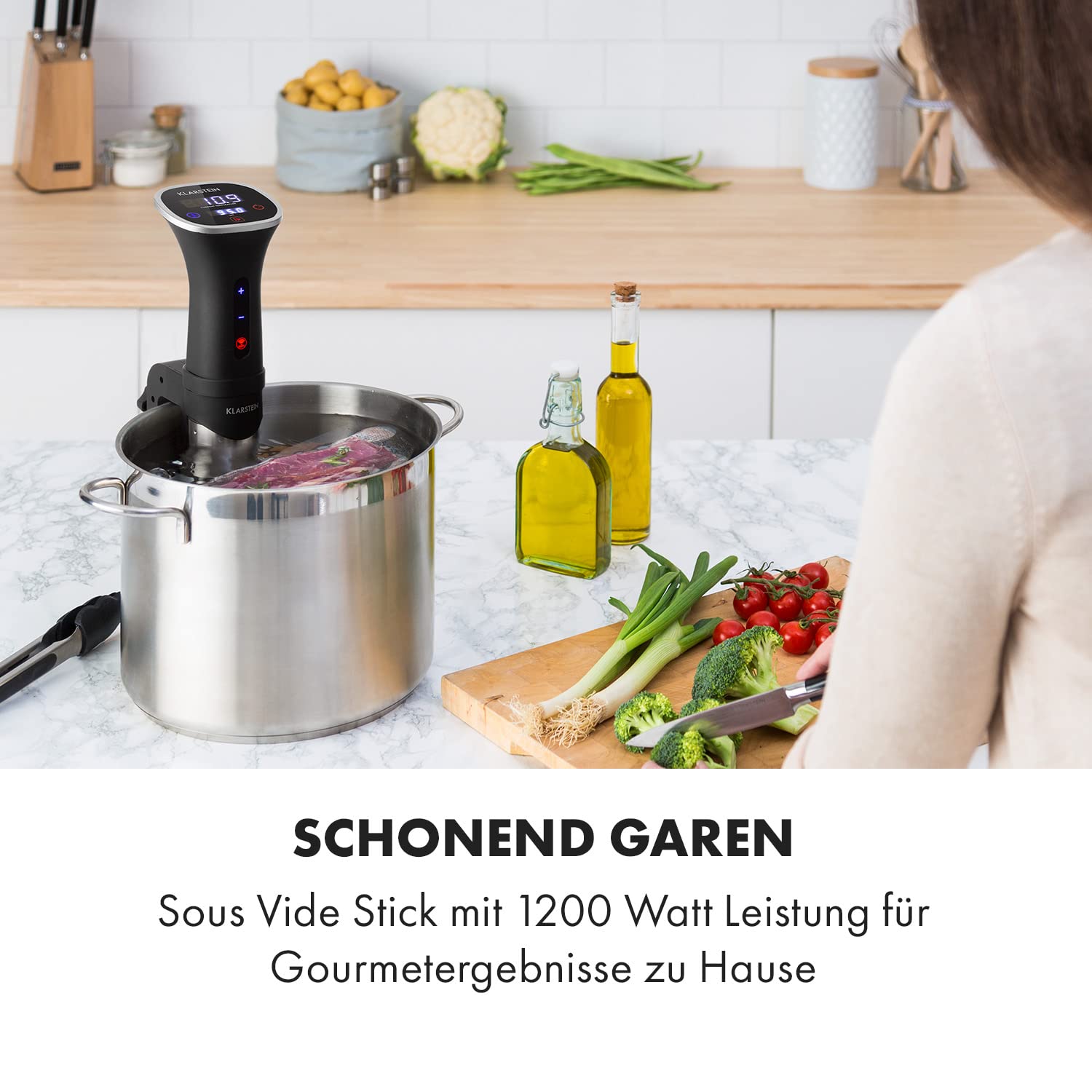 Klarstein Sous Vide Garer, Effizienter Sous Vide Stick, Sous-Vide-Garer, Sous Vide Garer Stick, 1200 W, 20-95°C, Timer, App-Steuerung, Touch-Display, 3D Circulation, 10-15 Liter, Edelstahl, Schwarz