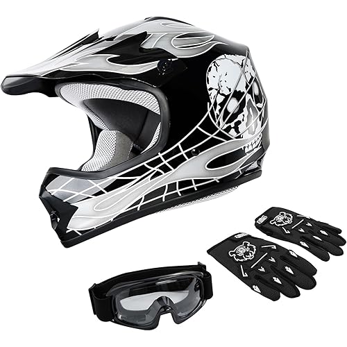 XFMT DOT Youth Kids Motocross Offroad Street Dirt Bike Helmet Youth Motorcycle ATV Helmet with Goggles Gloves Black Skull S
