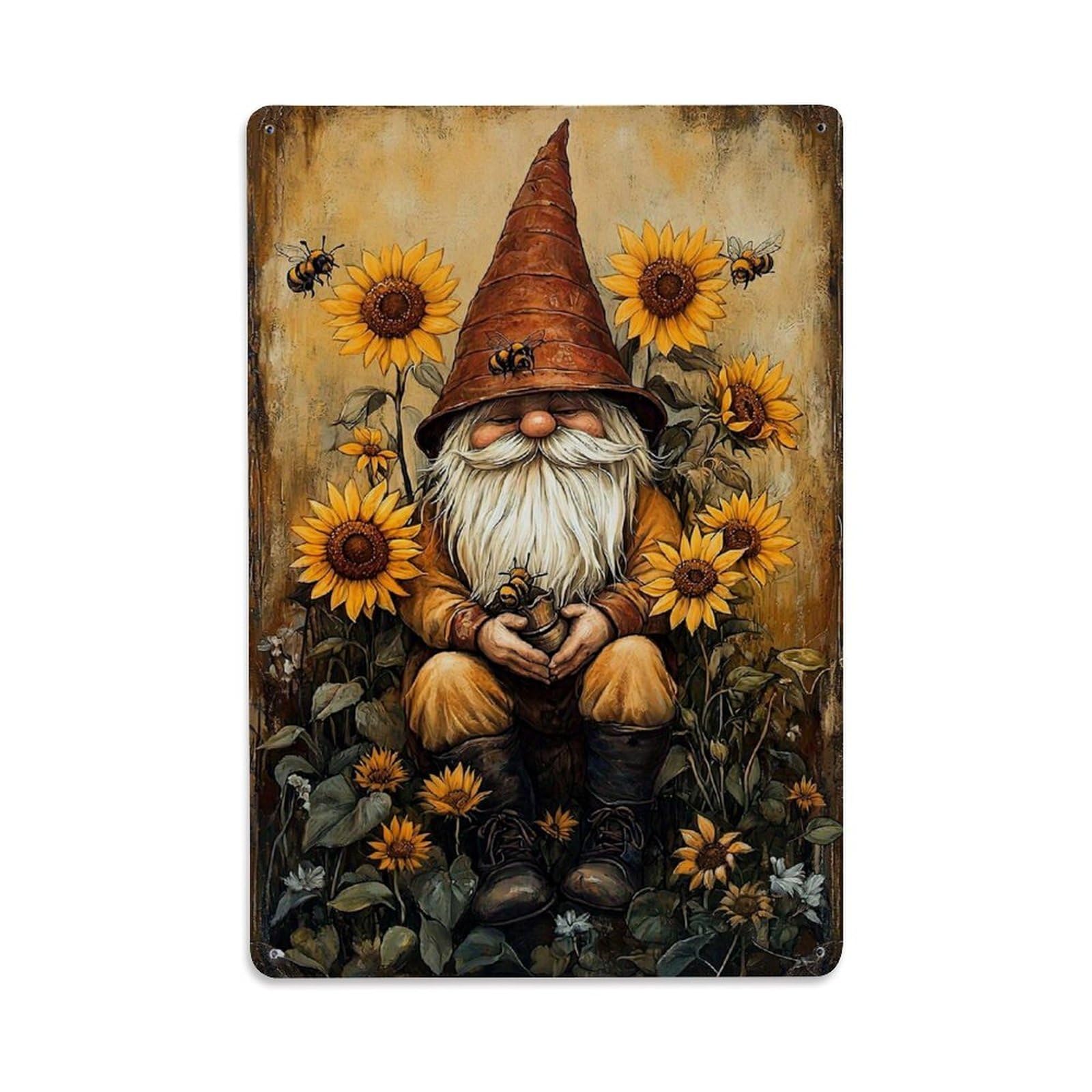 Gnome Sunflowers Bees Garden Art Retro Metal Tin Sign, Vintage Decor Art Poster for Bar, Home, Man Cave, Kitchen, Laundry Room Gift 8x12Inch