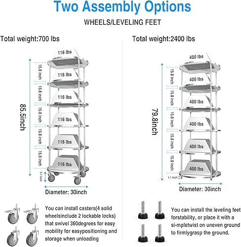 Miniatura 3 de Estantería redonda de 6 niveles de 30 pulgadas de diámetro, estante de almacenamiento ajustable resistente NSF con ruedas y revestimientos de