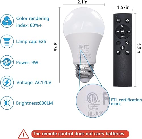 Miniatura 3 de Bombillas LED de control remoto A19, 800LM 9W, equivalente a bombillas de 60 W, bombilla regulable con control remoto 3000K-6000K, base E26, CRI