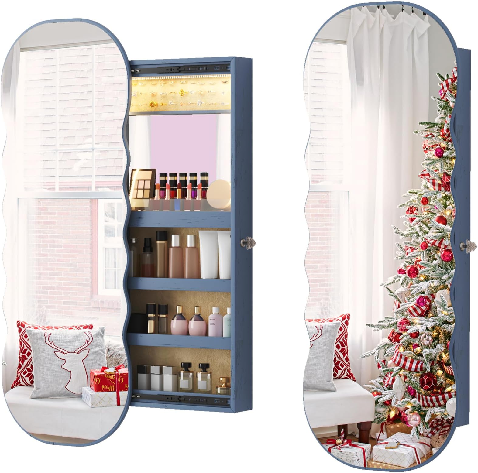HNEBC LED Mirror Jewelry Cabinet, 47.2" Wall Mounted Jewelry Organizer with Lights, Over The Door Hanging Rounded Jewelry Armoire, Wall Full Length Mirror with Storage, Christmas Gifts,Blue