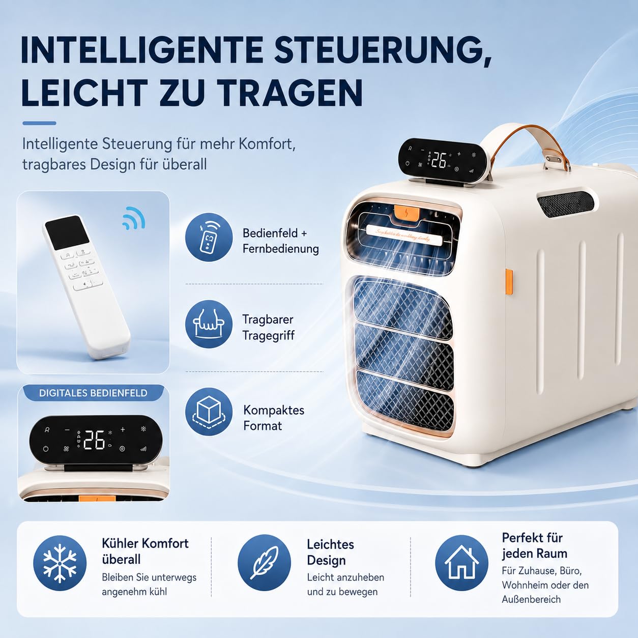 Mobile Klimaanlage für Schlafzimmer und Büro,220V (Cold) | 1400W Kühlleistung, 420W Eingangsleistung, 45 dB Leise, 1-12H Timer