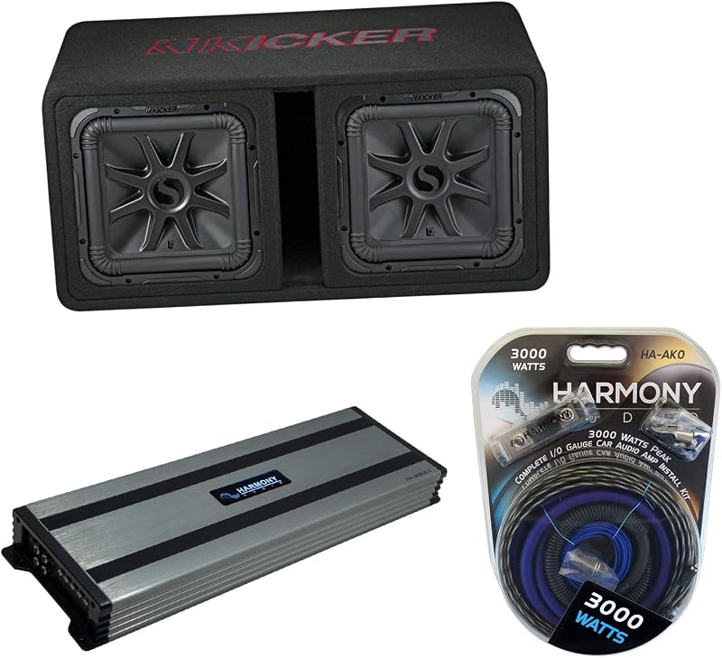 Paquete doble de amplificador y subwoofer de 12" Kicker L7R 45DL7R122 - Harmony Audio | Combo de caja secundaria ventilada cargada de 12 pulgadas, amplificador mono clase D de 3000 vatios, kit de cableado de calibre 1/0, graves profundos