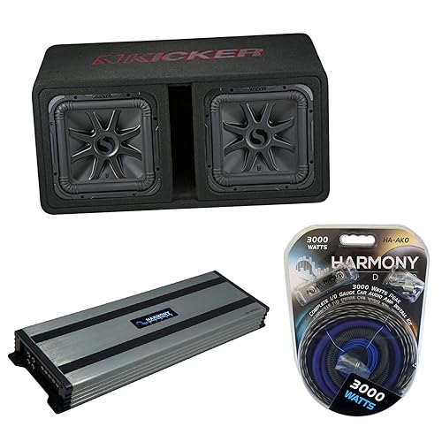 Harmony Audio HA-A1500.1 Car Stereo Class D Amp Mono 3000 Watt Subwoofer Amplifier, Kicker 45DL7R122 Solobaric L7 Dual 12" Vented Sub Box and HA-AK0 1/0 Gauge 3000W Amp Install Kit