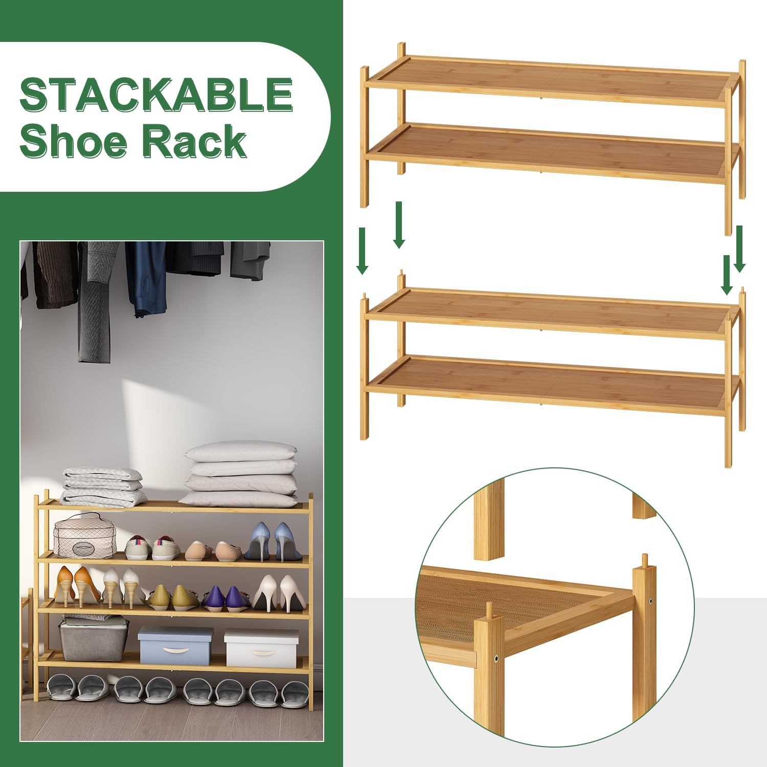 kiplant Long Shoe Rack, 2-Tier Bamboo Wood Shoe Rack, Stackable for Closet, Entryway & Hallway