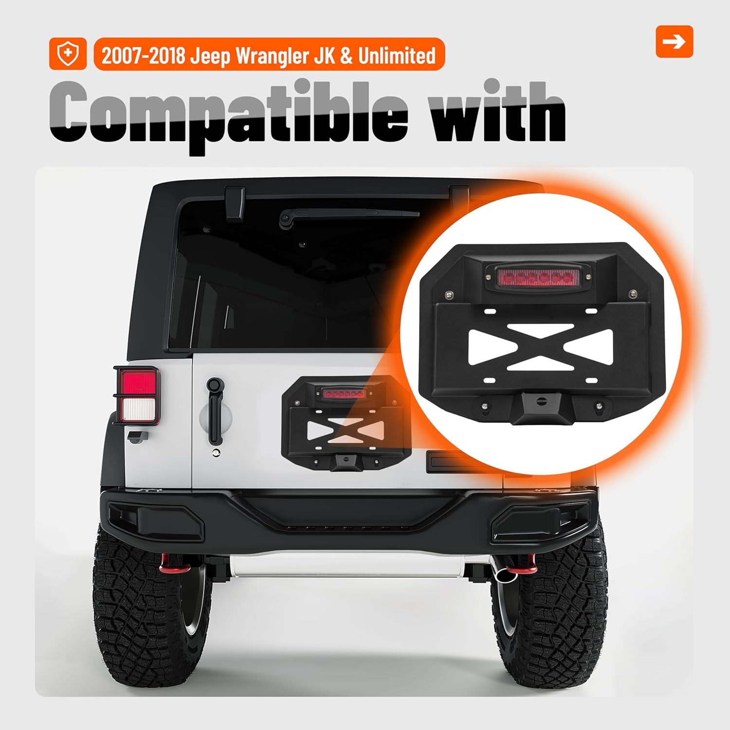 KUAFU Spare Tire Delete License Plate Bracket Compatible with 2007-2018 Jeep Wrangler JK & Unlimited Rear License Plate Holder Relocation Kit w/Third Brake Light & 2X Plate Illuminate Light (Red Lens)
