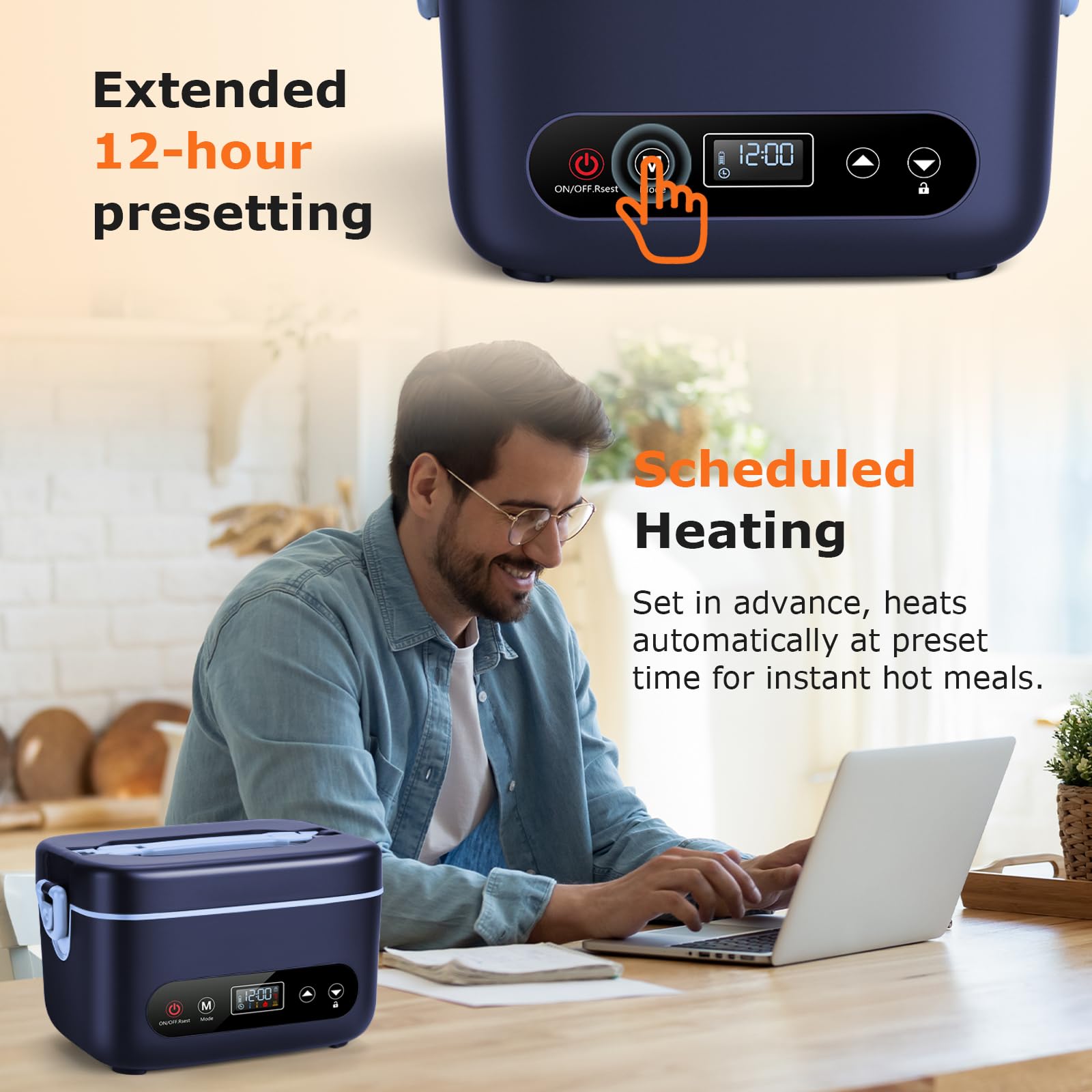 Lonchera eléctrica para hombre, lonchera térmica inalámbrica de 1.2 L, calentador de alimentos portátil recargable de 24000 mAh con control automático de temperatura, calefacción de 5 lados, a prueba