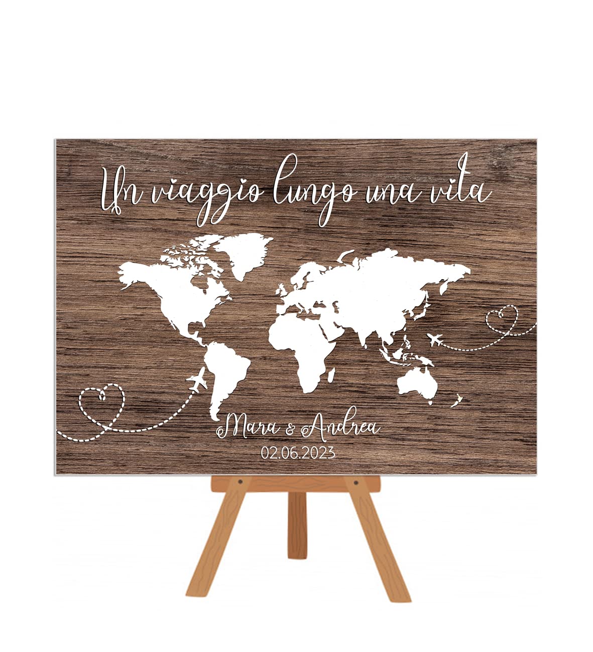 Tableau de mariage viaggio - pannello personalizzato tema viaggio con mondo su texture legno