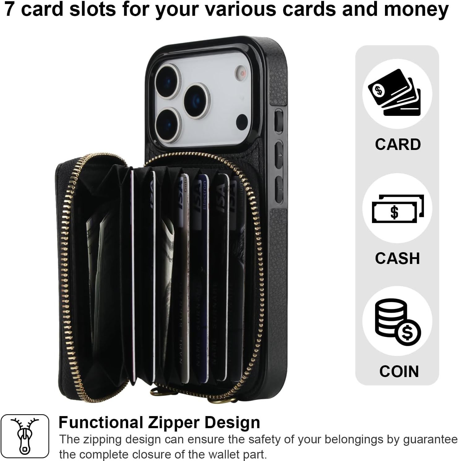 Bocasal Crossbody Wallet Case for iPhone 17 Pro, RFID Blocking Leather Purse Case with Card Holder, Protective Handbag Flip Cover with Zipper Wrist Strap Lanyard for Women 5G 6.3 Inch (Black)