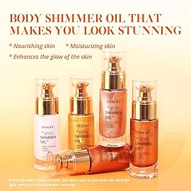 Liyalan Shimmer Body Oil Bronze Gold 1.0 fl.oz Face Glow Pearl Highlighter Illuminator Long-Lasting Shine Glitter Liquid Tanning with Makeup Brush