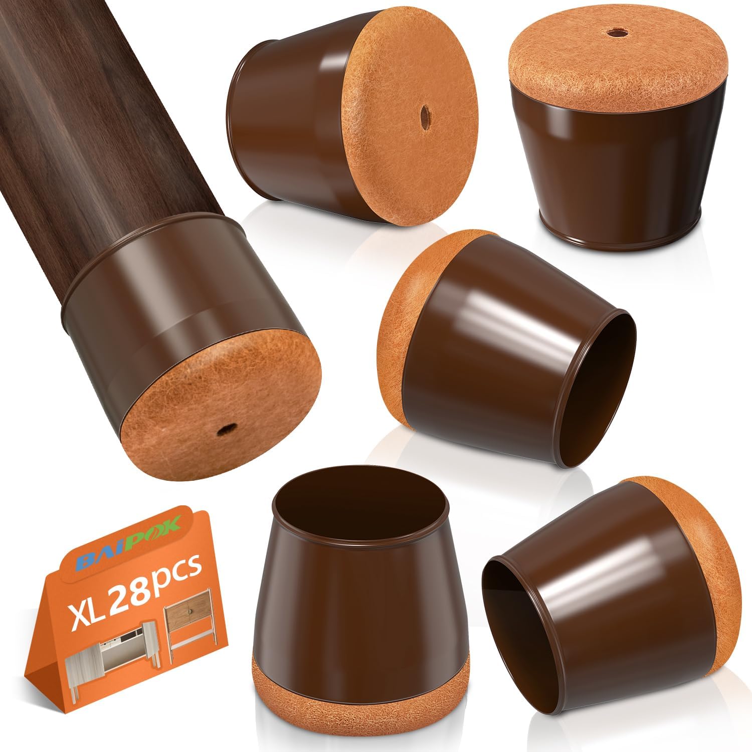 28Pcs Brown Chair Leg Floor Protectors for Hardwood Tile Floors Round Silicone Covers with Thickened Felt Pads Furniture Leg Caps Prevents Scratches and Reduce Noise (Brown XL Fit 1.46"-1.77")