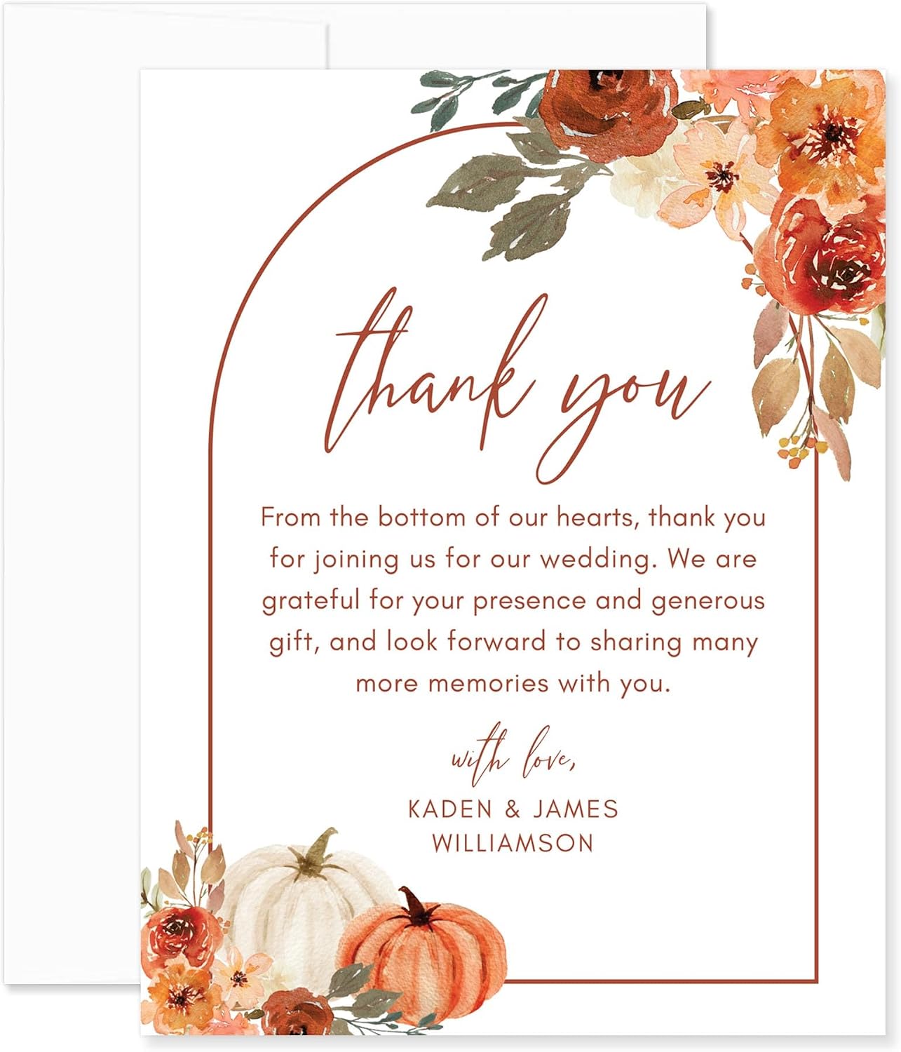 Fall Floral with Pumpkins Wedding Thank You Cards, Flat 4.25x5.5 Personalized Boho Autumn Thank You Notes with Envelopes