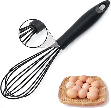 Silicone Whisk, Heat Resistant Kitchen Whisks for Non-Stick Cookware, for Blending, Whisking, Beating, Frothing & Stirring, Can be Suspended, Saving Space Black-1