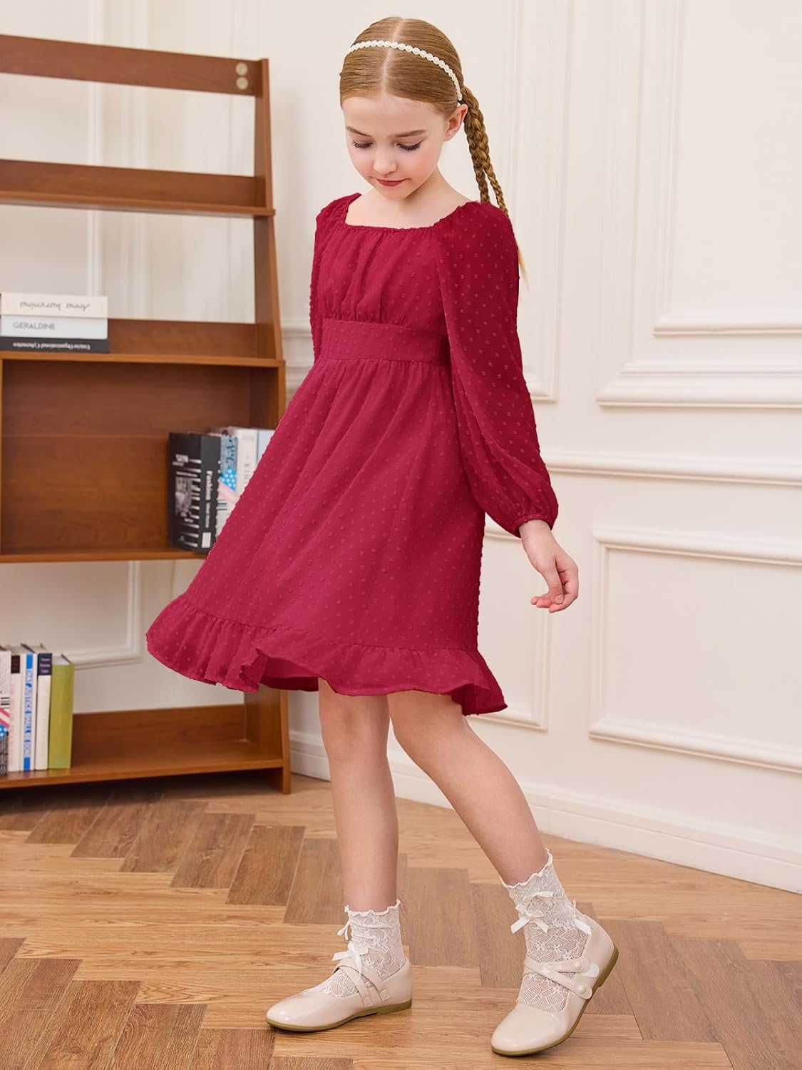 Haloumoning Girls Long Sleeve Dress Kids Ruffle Tiered Dress Swiss Dot Flowy A Line Dresses 5-14 Years - Image 4