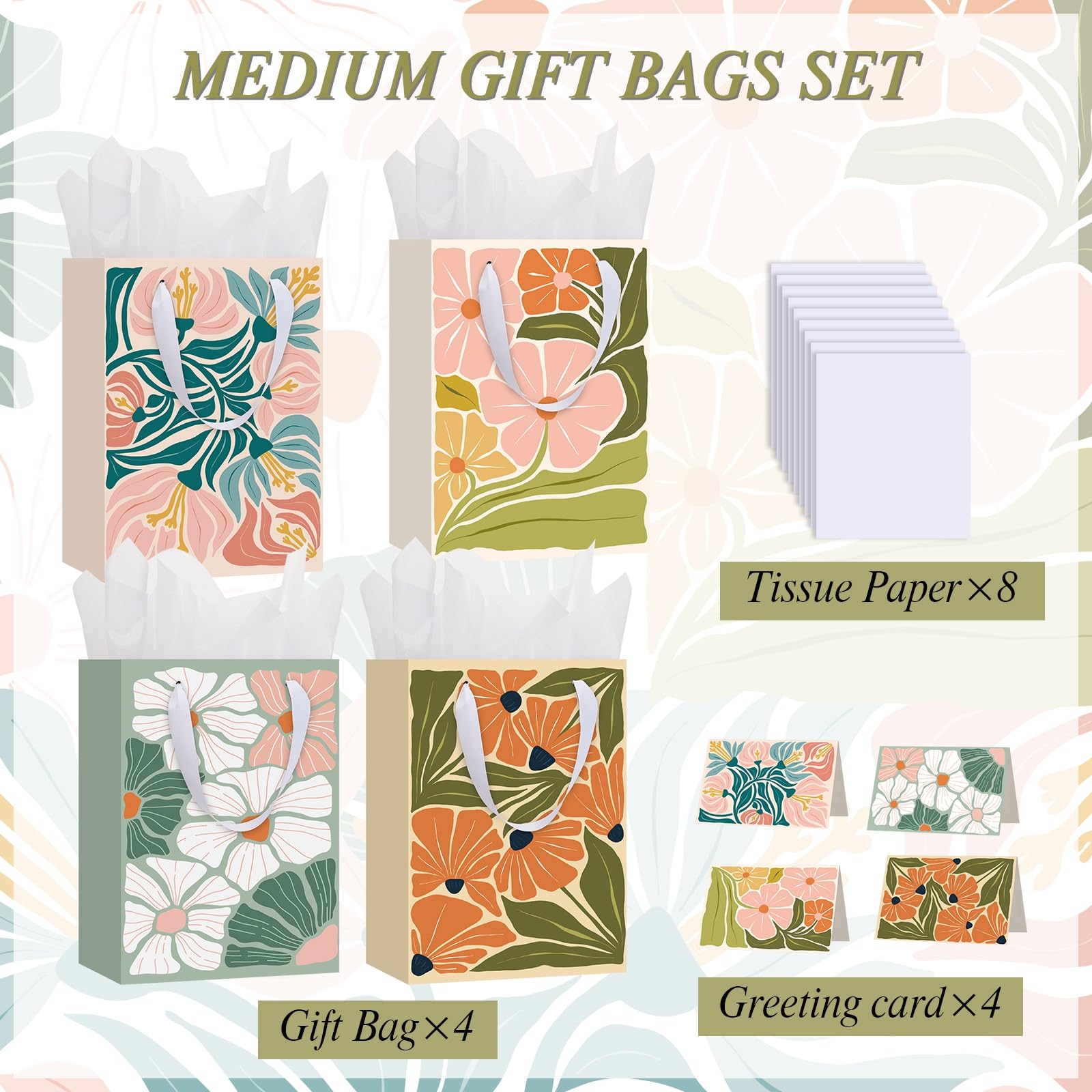 woric 10.6" Matisse Flowers Gift Bags with Tissue Paper, 4 Colors Medium Gift Bag with Greeting Cards for Mother's Day Birthdays Bridal Showers Weddings(10.6x7.87x4.7in)