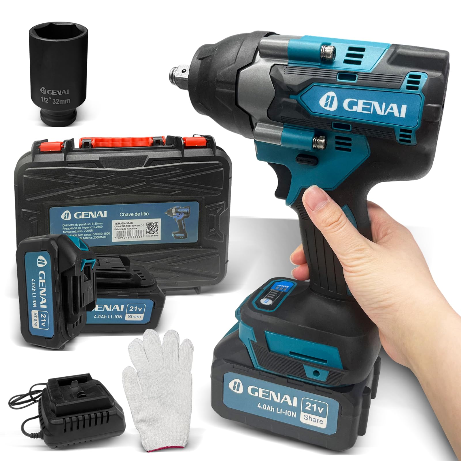 Chave de Impacto sem Escova 21V, 700Nm, 0-1800 RPM, 2 Baterias de