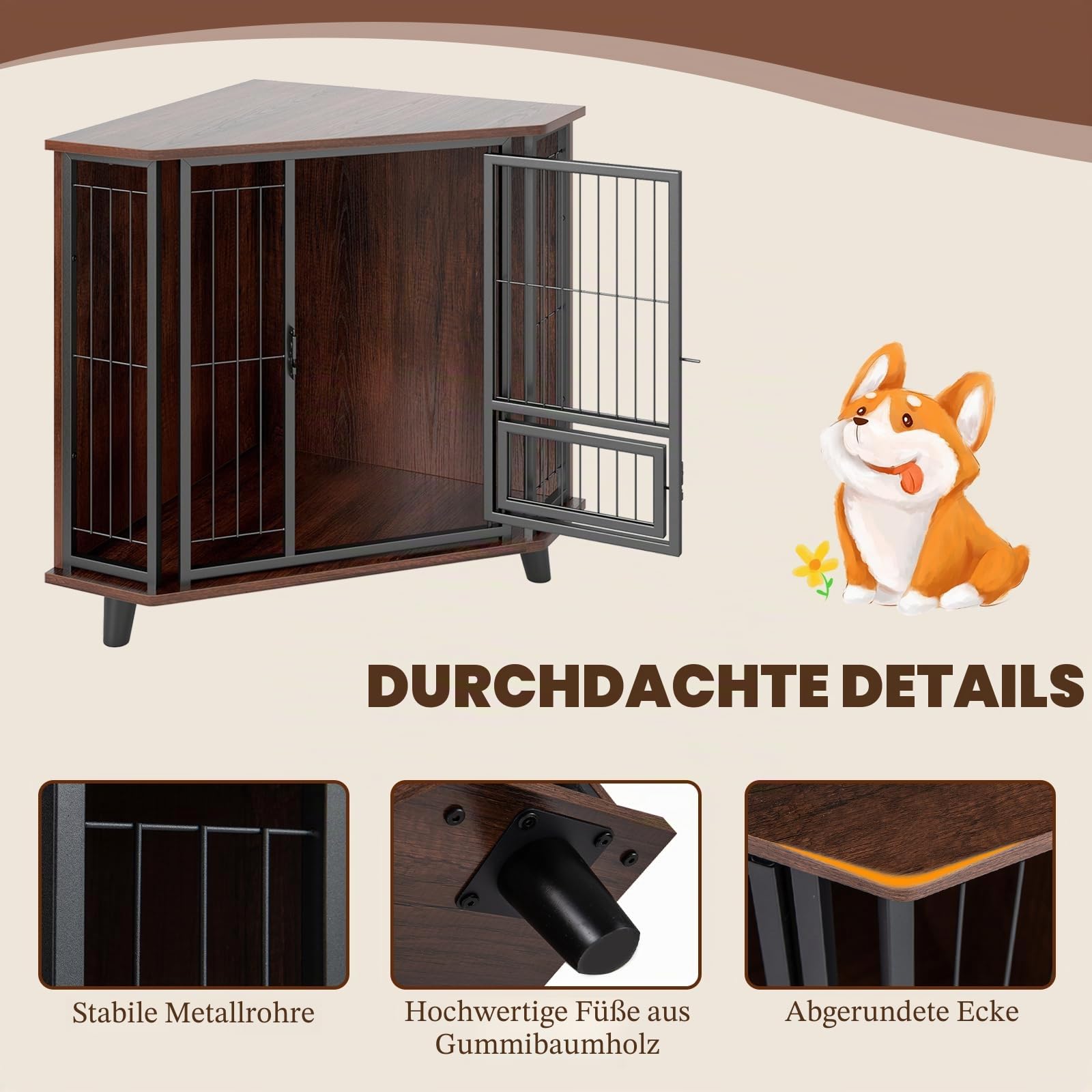 SOARS Eck-Hundekäfig Möbel, Hundebox für Zuhause, Hundehütte Indoor für kleine/mittlere Hunde, Hundehaus mit Futtertür, abschließbare Tür, 60 x 60 x 71,5 cm