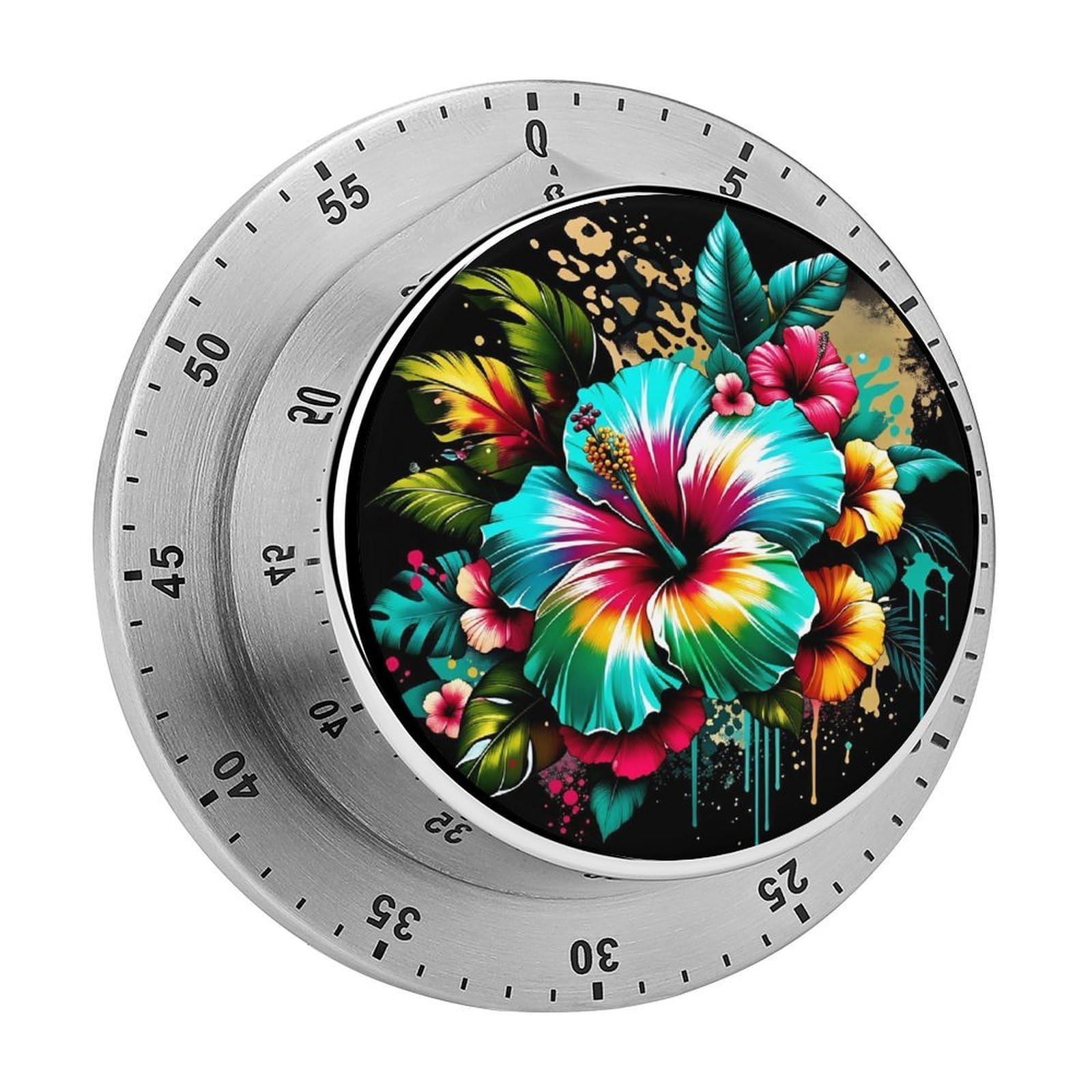 Colorful Hibiscus Flower 60 Minute Wind Up Timer,Visual Mechanical Magnetic Timer with Loud Alarm for Kitchen
