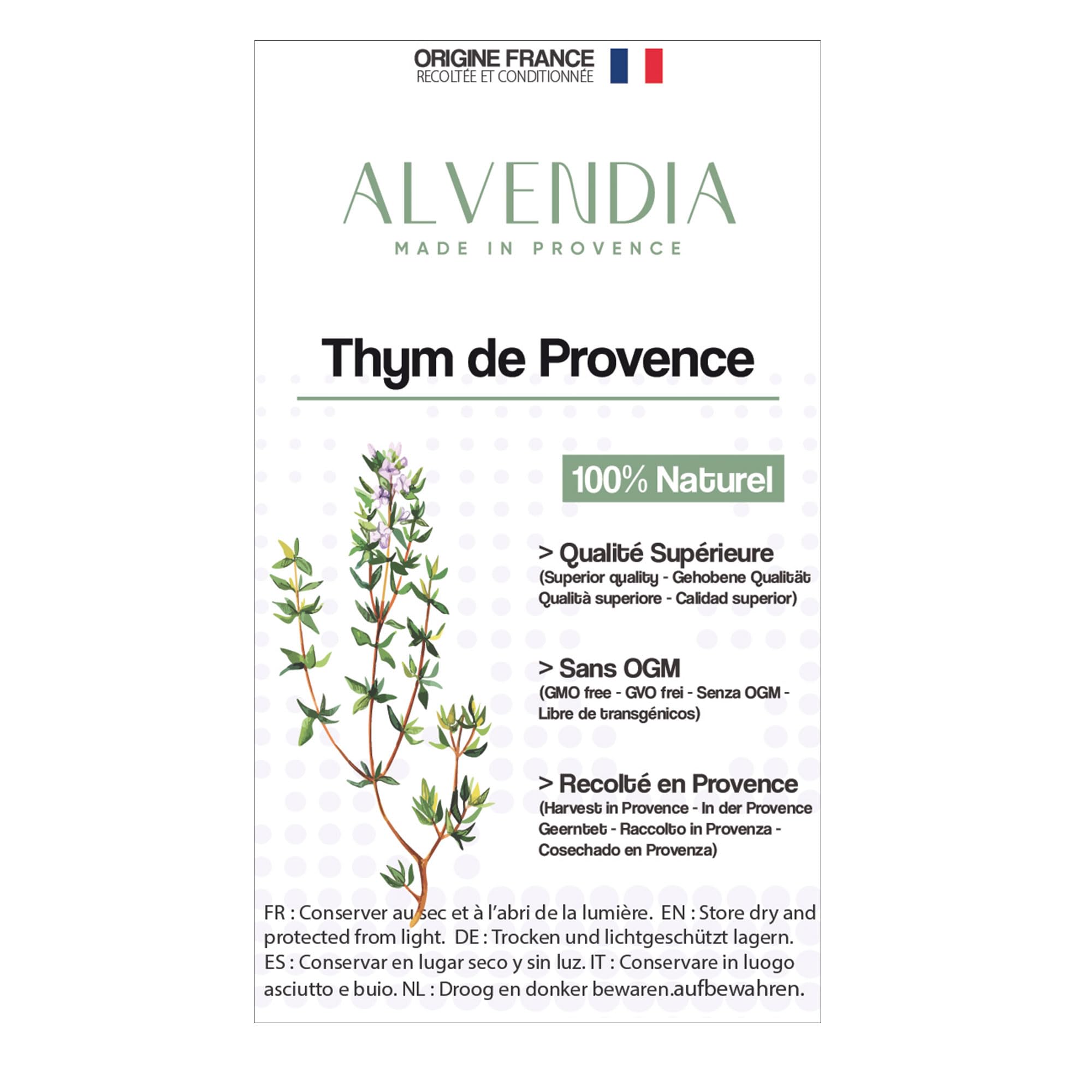 ALVENDIA - Véritable Thym de Provence - Cultivé et Récolté dans le Sud de la France - Paquet de 400 Grammes - Récolte 2025