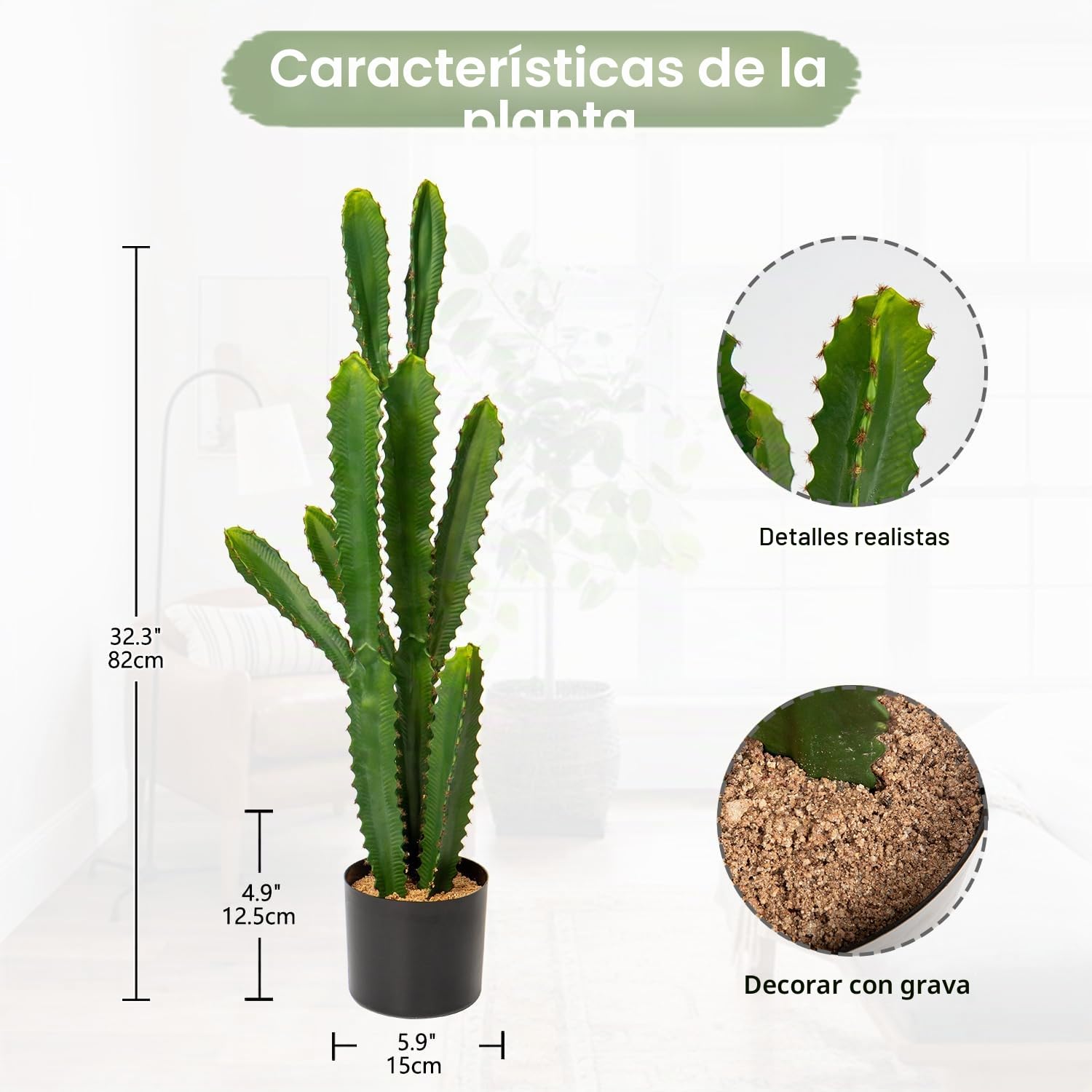 Oairse Planta de cactus falsos de 82 cm de alto, 2 unidades, plantas artificiales grandes con maceta negra, plantas artificiales para interiores y exteriores, para decoración del hogar, oficina