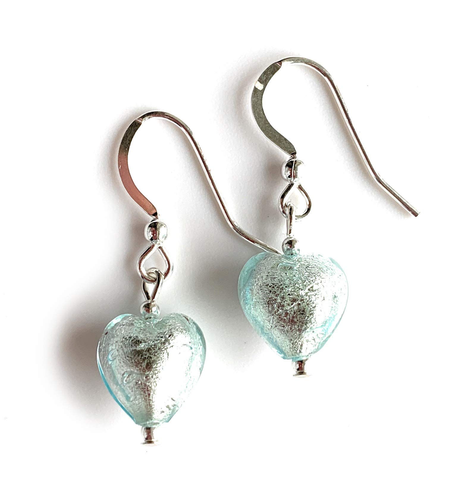 HandmadeDiana Ingram earrings with aquamarine (blue) Murano glass mini heart drops on Sterling Silver hooks