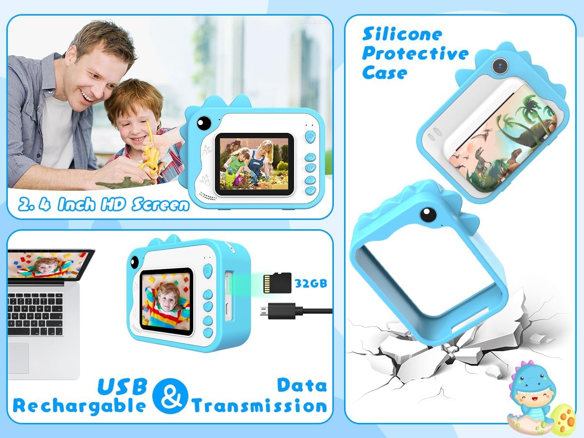 Kids Camera Instant Print 1080p Instant Camera for Kids Aged 3-12 Ink Free Printing Dinosaur Toddler Camera Christmas Birthday Gifts for Boys Girls 3-12 Years Old (Blue)