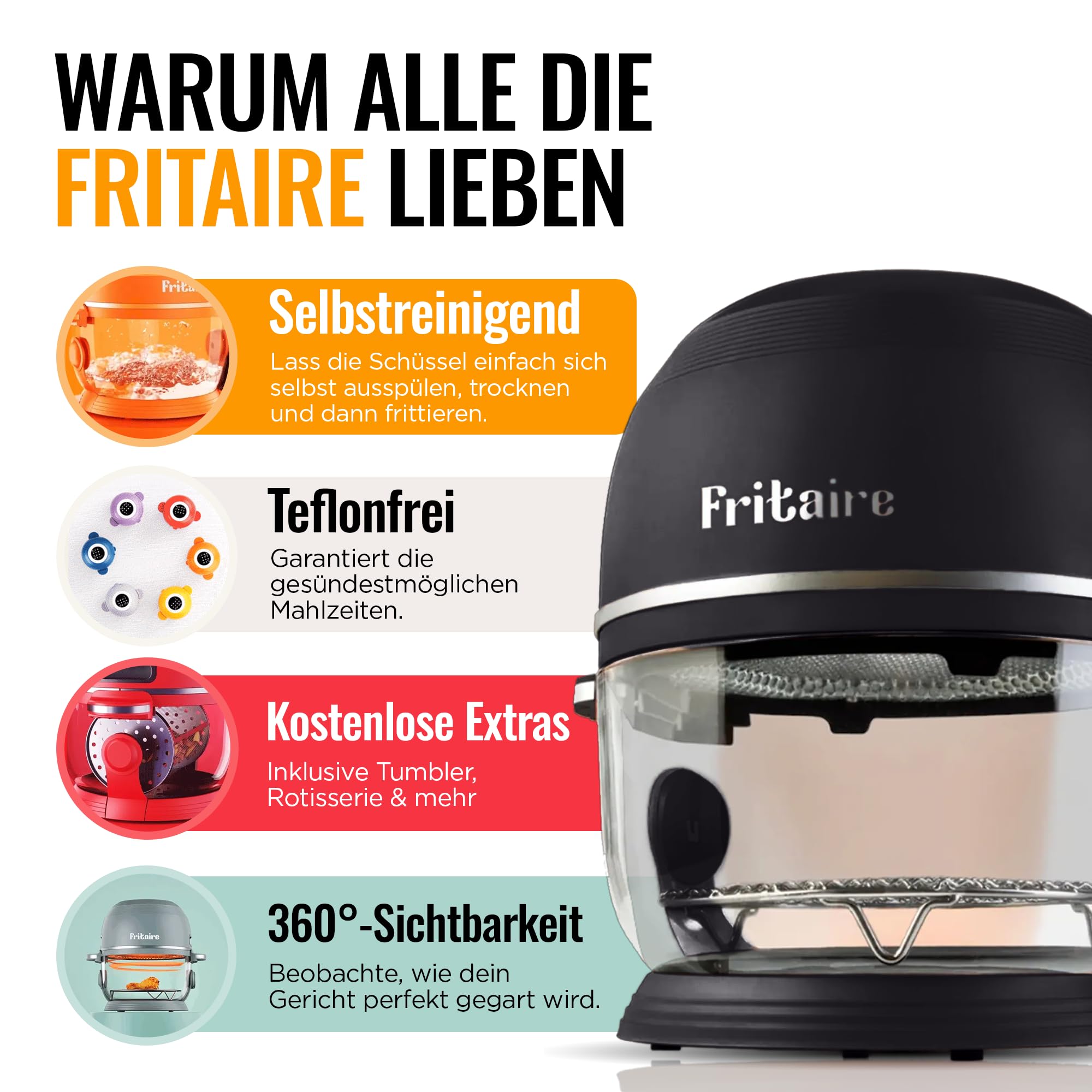 Fritaire Ungiftiger Glas-Airfryer™, 5 L – 360° Sicht, Selbstreinigung, 400 °F Heißluft-Vortex für gleichmäßiges Garen, BPA- & Teflonfrei, 9-in-1 Funktionen: Airfryer, Rotisserie, Backen, Schwarz