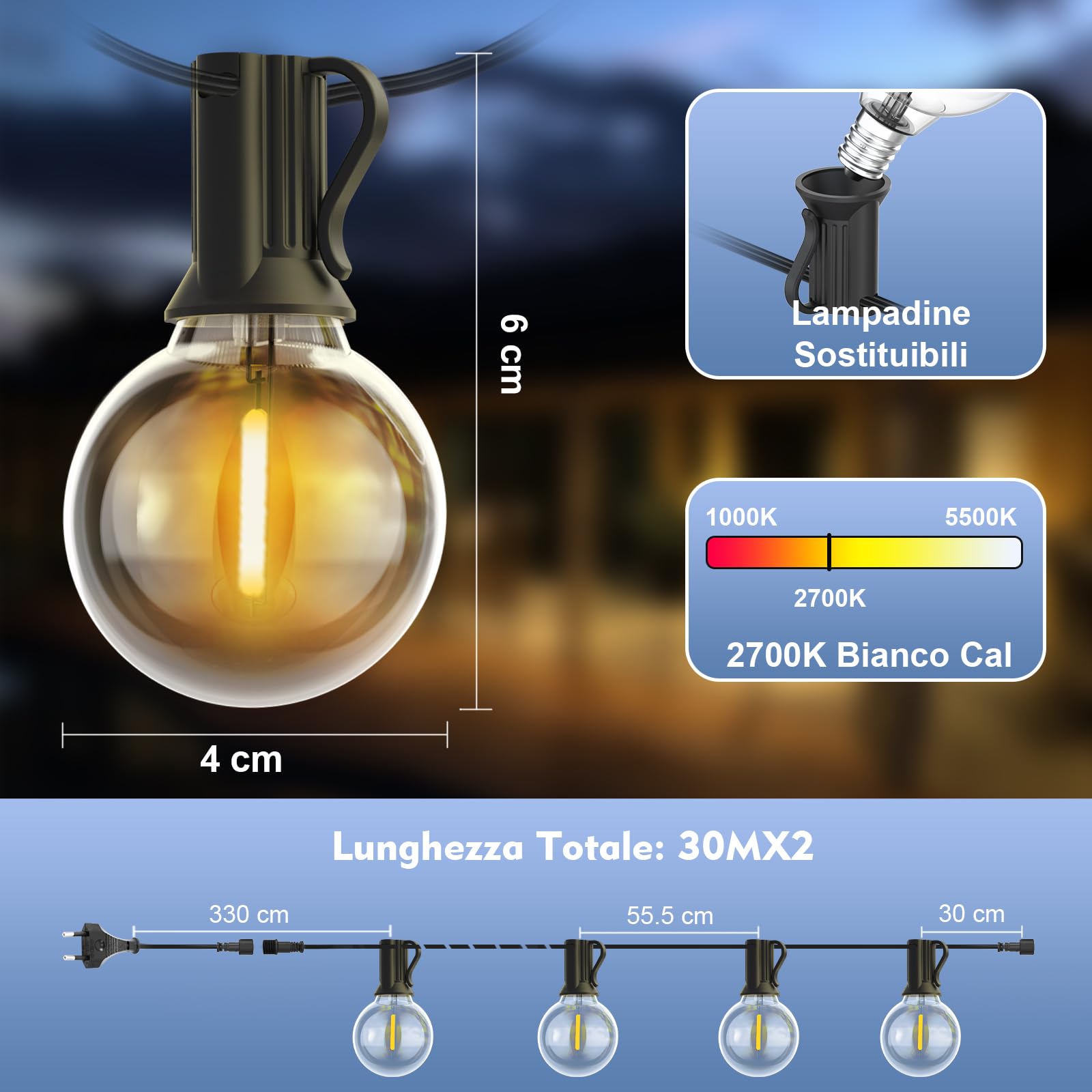 Yuusei 2X30M Catena Luminosa Esterno, 100+4 LED Plastica Impermeabile Lampadine with IP45, Luci da Esterno, Dimmerabile Esterni Catene Luminose per Terrazzo Festa Partito Matrimonio