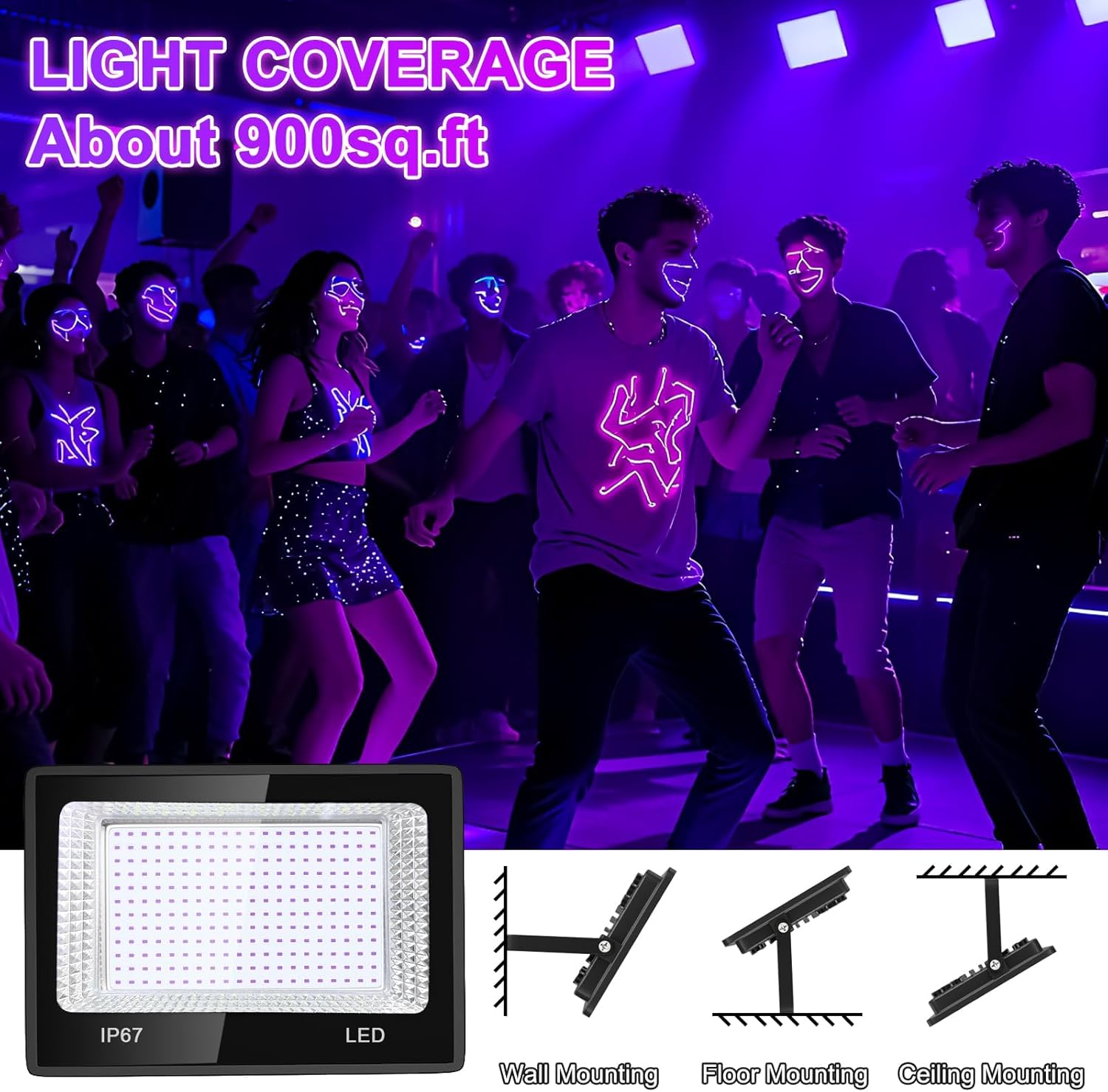 100W UV-A Black Lights Waterproof IP66 LED Blacklight Flood Lights with 59inPlug&Switch for Large Space Fluorescent Poster/Body Paint/Halloween/Xmas/Glow in The Dark Parties Outdoor Indoor(2)