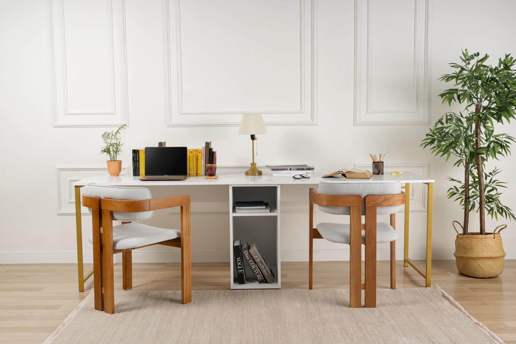 Contemporary and Practical Study Desk, biały, złoty, 240 x 74 x 60 | 100% powłoka melaminowa | idealna do nowoczesnego biura domowego i gabinetu, elegancki i funkcjonalny design