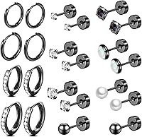 Hypoallergenic Surgical Steel Black Flat Back Earrings Set - 7 Studs & 4 Small Hoops for Sensitive Ears, Cartilage Helix Women