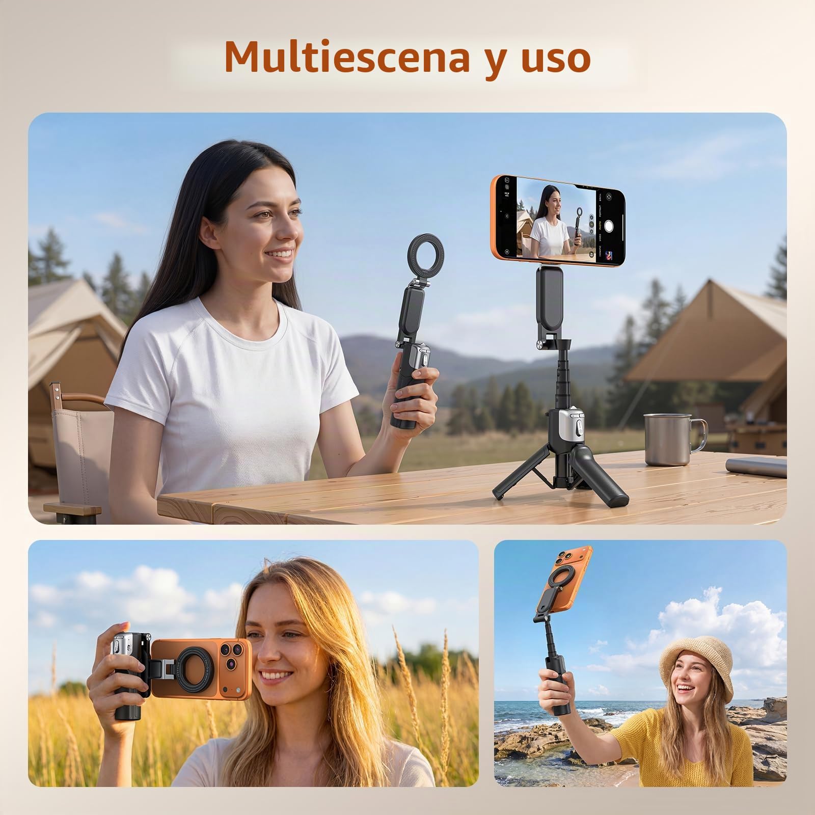 AMAZEAR Palo Selfie Tripode para Movil (4 en 1), Selfie Stick Negro