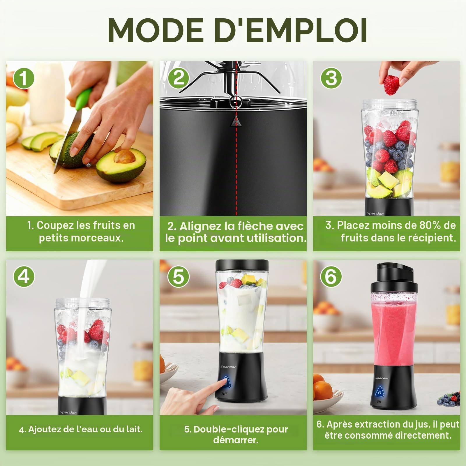 Smoothie Maker to go Blender Portable 700 ml 6000 mAh Fonction Autonettoyante Avec 6 Lames Tranchantes et Brosse de Nettoyage Convient pour la Préparation de jus et de Milkshake Noir