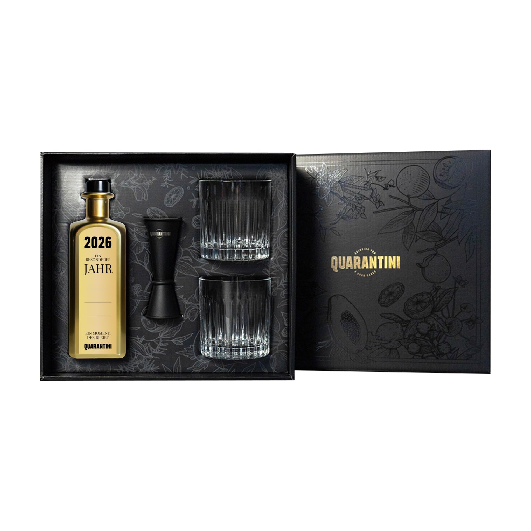 Quarantini Gin des Jahres 2026 Gold Edition Geschenkset (500 ml) | Personalisierbarer Premium Gin 42% Vol. mit Grapefruit, Blutorange, mediterrane Kräuter | Ideal für Meilensteine, besondere Anlässe