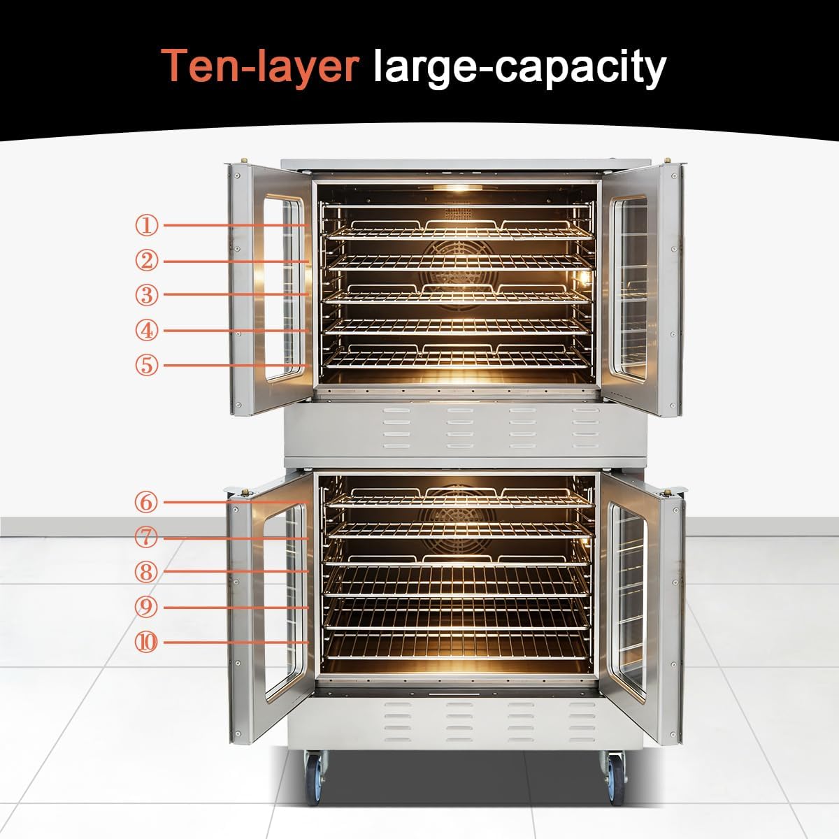 Commercial convection full-size double-layer oven, 48,000 BTU*2, Propane gas-powered double-layer oven, commercial Propane gas stove, four wheels, suitable for restaurants and bakeries