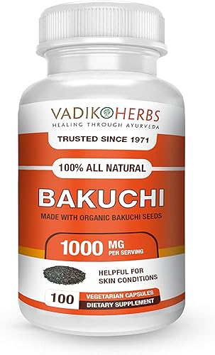 Polvo orgánico certificado Vadik Herbs Bakuchi Babchi (Psoralea corylifolia)  Ayuda a mantener la salud ósea (180 Vegicaps)