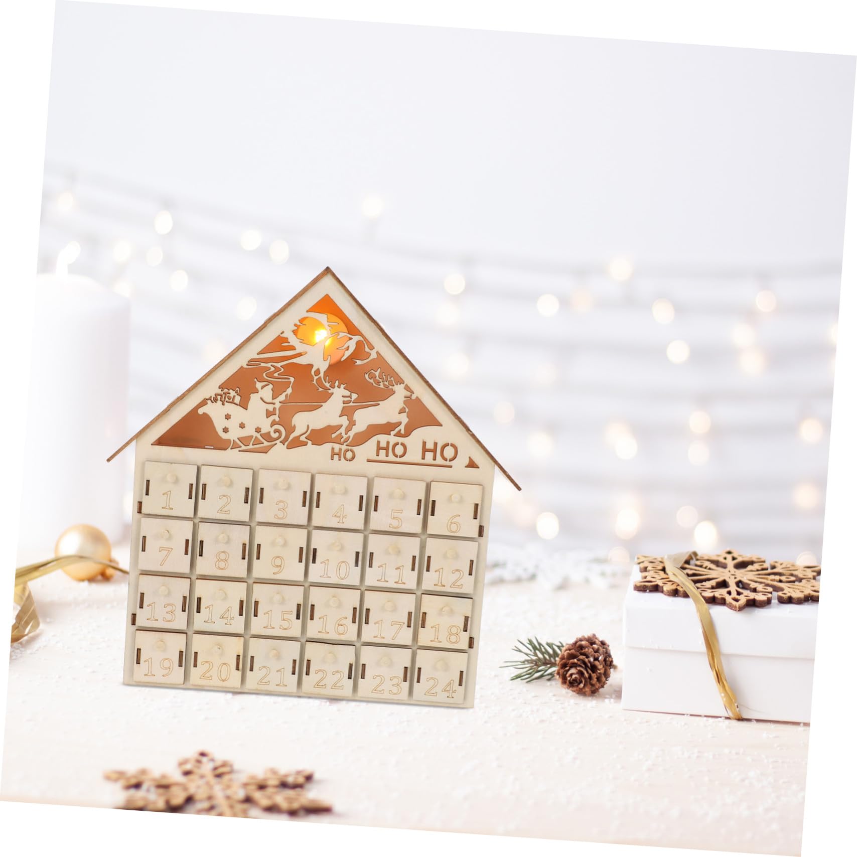 IMIKEYA 24 Cassetti Calendario Avvento in Legno Luci LED Conto alla Rovescia per Natale Riutilizzabile Decorazione da Tavolo per Feste