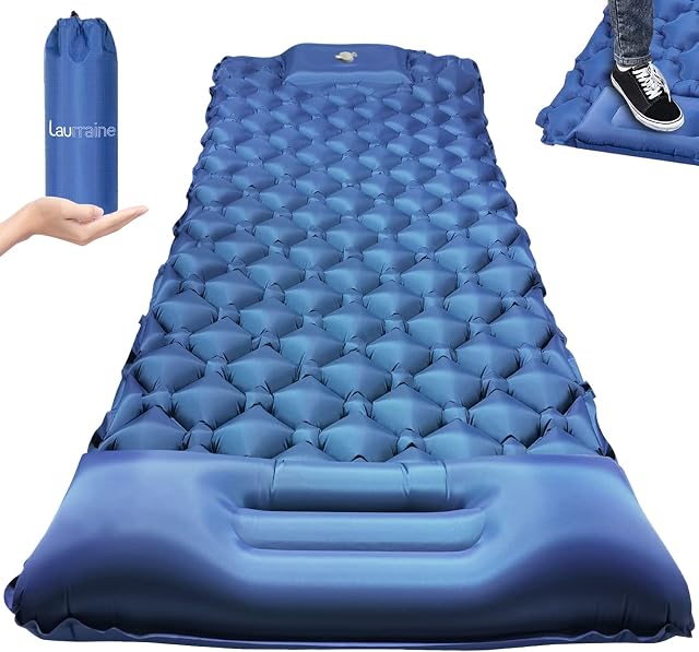 Laurraine Self Inflating Camping matUltralight Sleeping Mats with PillowPortable air mattress, Single Camping BedSuitable for hiking, camping, backpacking (blue)