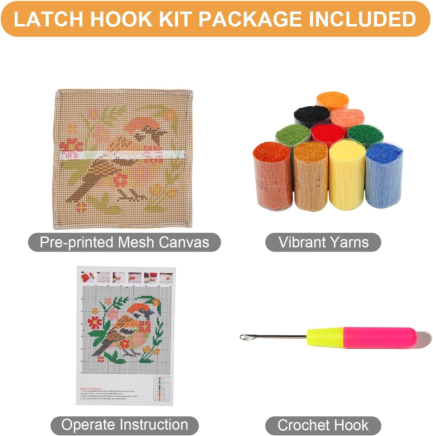 QIONG MENG Latch Hook Kits for Adults, DIY Spring Bird Decor Floral Pattern Pillow Cover Kit Needlework Cushion Cover Hand Craft Crochet for Home Sofa Decorations Gifts 17 x 17 Inch