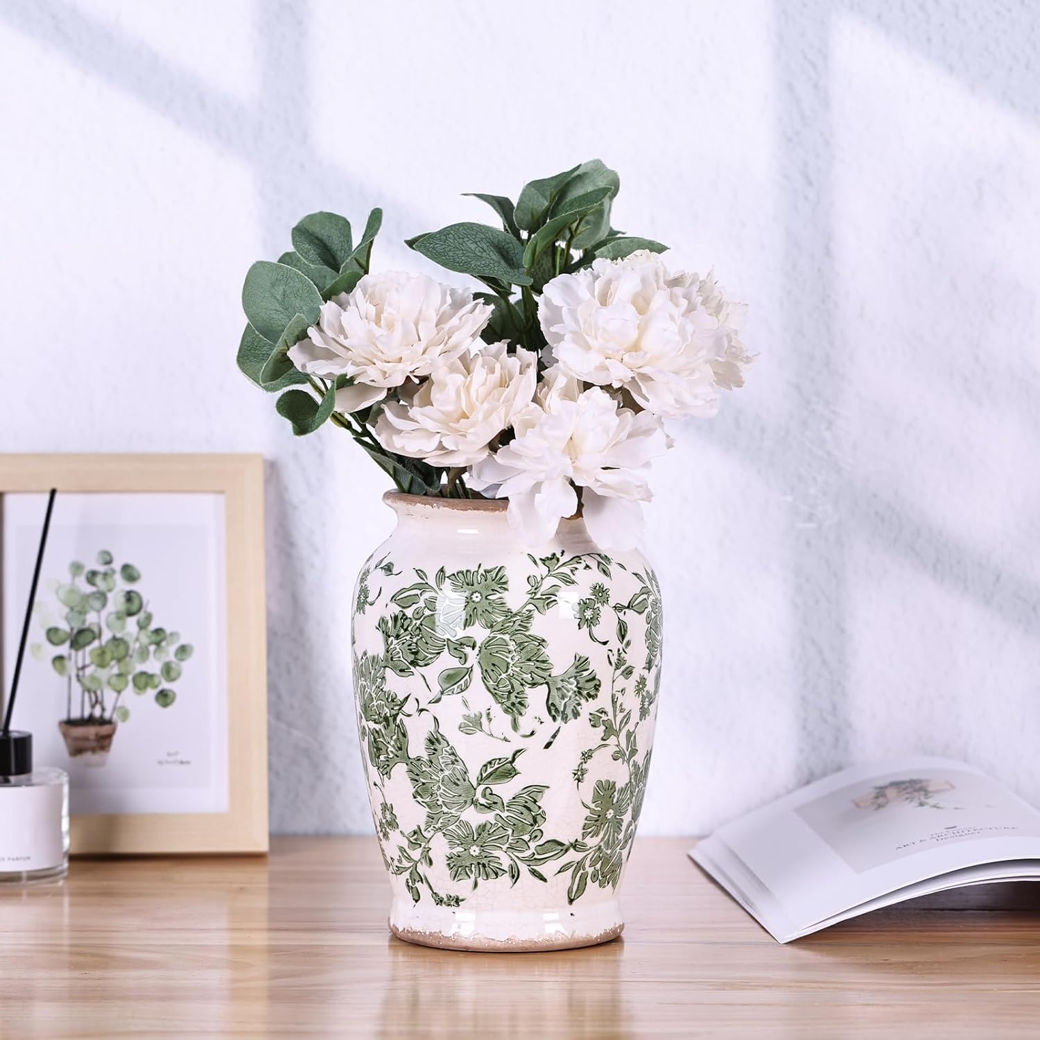 Vintage Green Chinoiserie Ceramic Vase, Rustic Farmhouse Floral Cracked Vase for Pastoral Home Decor, Living Room, Centerpieces, Shelf, Fireplace Tables, Pottery Decor (Green White) - Image 4