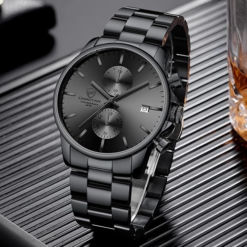 Miniatura 7 de Golden Hour Fashion Business Relojes para hombre con cronógrafo, a prueba de agua, de acero inoxidable, reloj de cuarzo con fecha automática