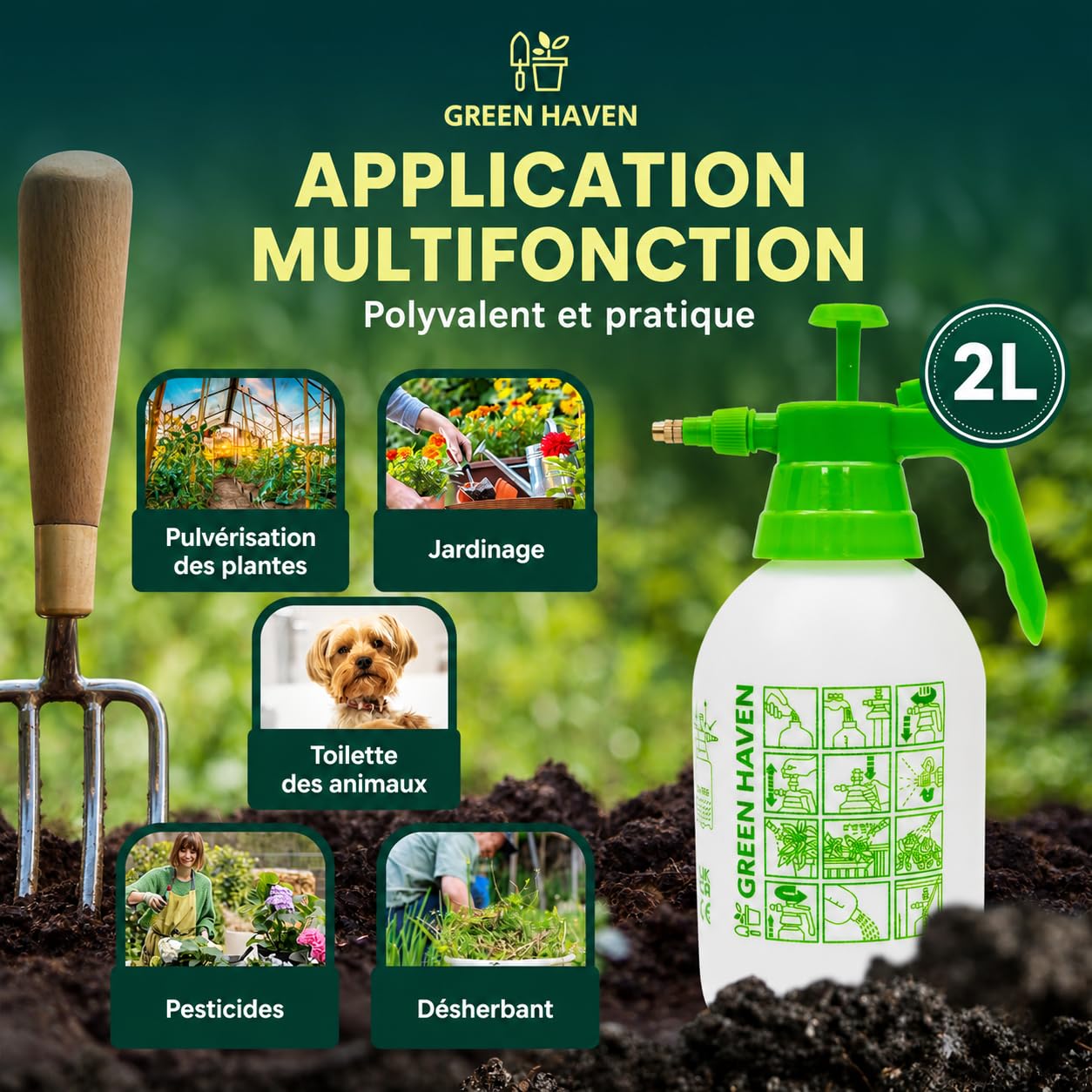 Green Haven Pulvérisateur à Pompe de 2 litres - Pulvérisateur à Pompe avec Sangle de Transport réglable - Pulvérisateur Haute Pression pour désherbant, pesticides, fongicides et Nettoyage