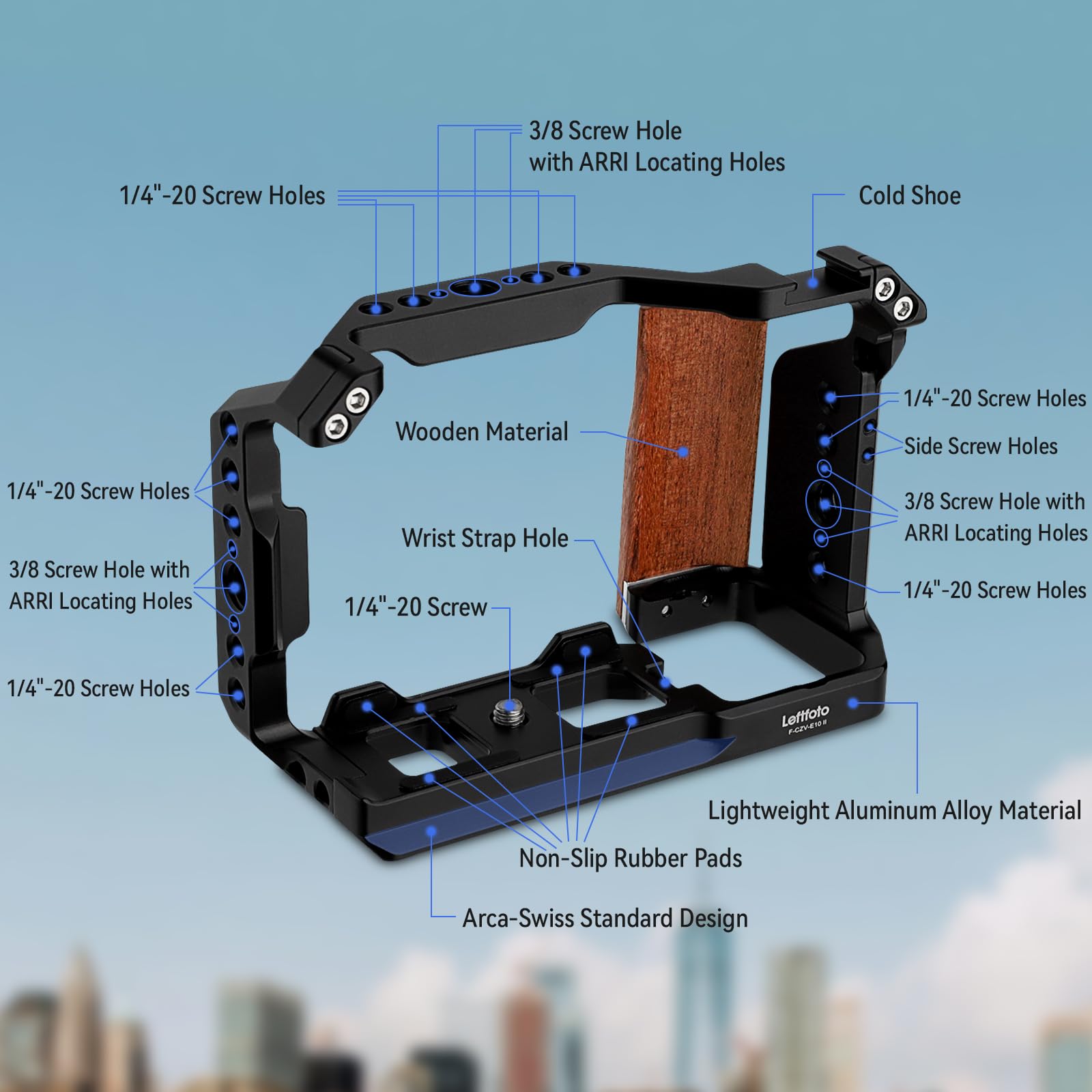 Leftfoto ZV-E10 II Cage métallique améliorée pour appareil photo Sony Alpha ZV-E10 II avec poignée ergonomique en bois intégrée, plaque à dégagement rapide pour Arca pour prise de vue vidéo Vlog