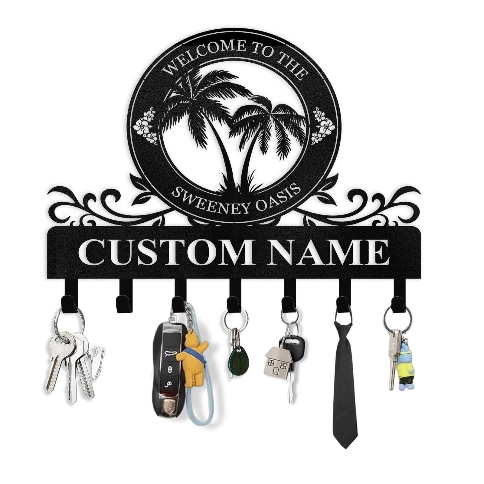 Personalized Key Holder for Wall - Beach Theme Coat Rack Wall Mount with Palm Tree Design, Metal Key Organizer with Hooks, Key Hanger Wall Decor for