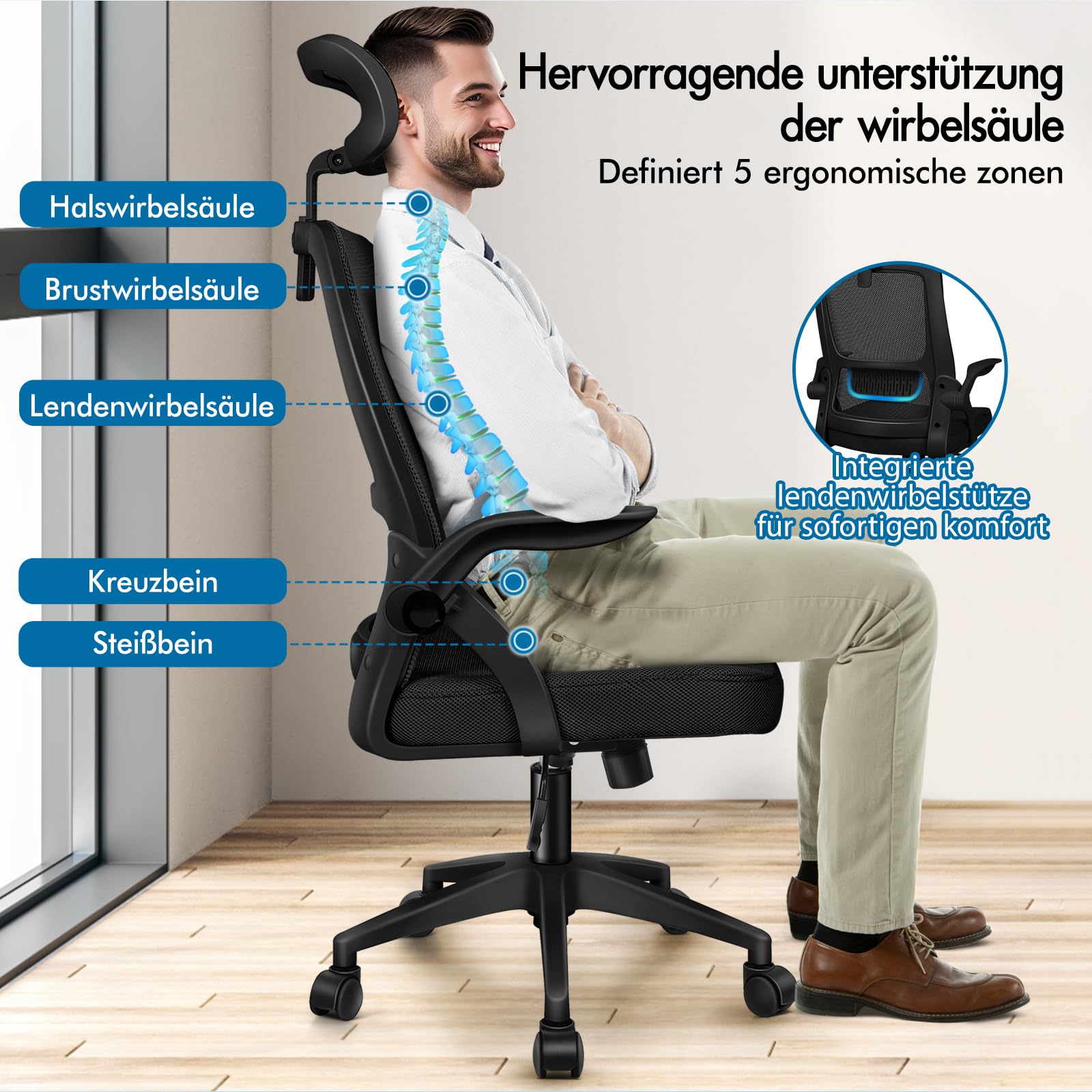 ALFORDSON Netzstuhl Bürostuhl Mesh Chefsessel Wippfunktion, ergonomisch Schreibtischstuhl höhenverstellbarer,360° Drehstuhl, PC-Stuhl Besprechungsstuhl,klappbare Armlehnen,180 kg belastbar,Schwarz