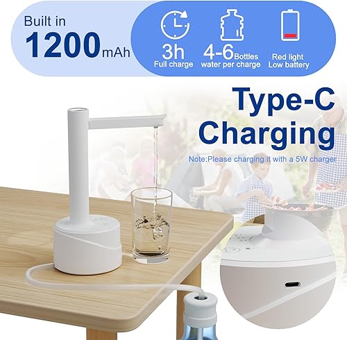 Miniatura 4 de Latedaux - Dispensador de botellas de agua eléctrica de escritorio de doble uso, de 5 galones, carga USB tipo C, bomba automática de botella de agua